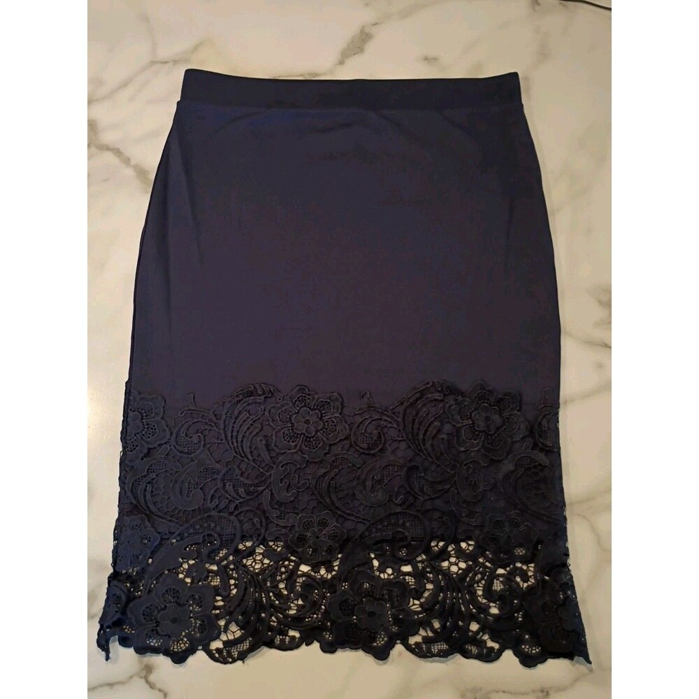 Olivia Blu Navy Scalloped Lace Trim Midi Pencil Skirt XL - Stretch Coquette